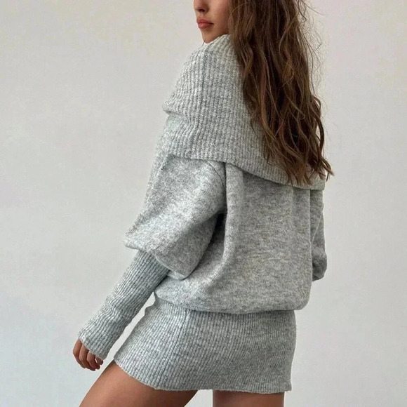 Dark Grey Casual Women's Y2k Style Long Sleeve Off-Shoulder Sweater Dress - Picture 2 of 9